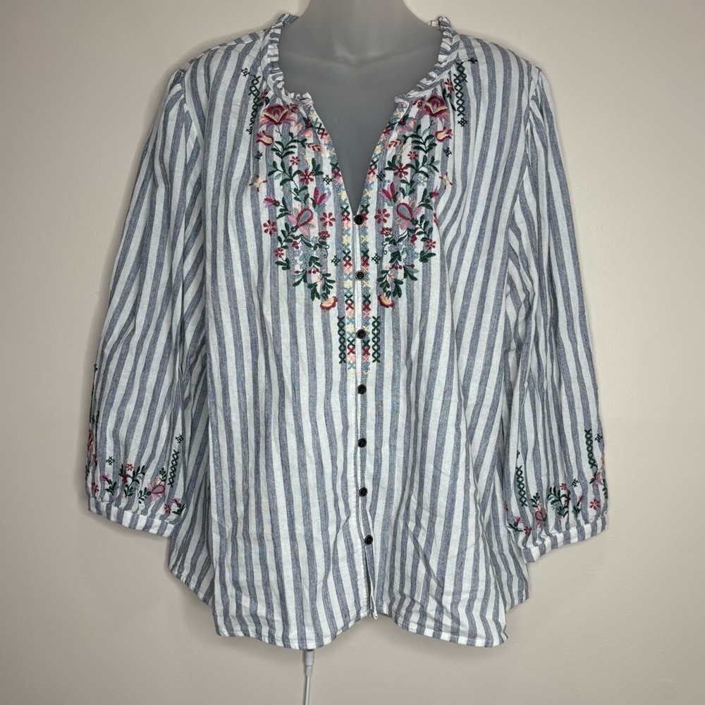 Kate & Sam 100% Cotton Striped Embroidered Floral Long sleeve tunic large